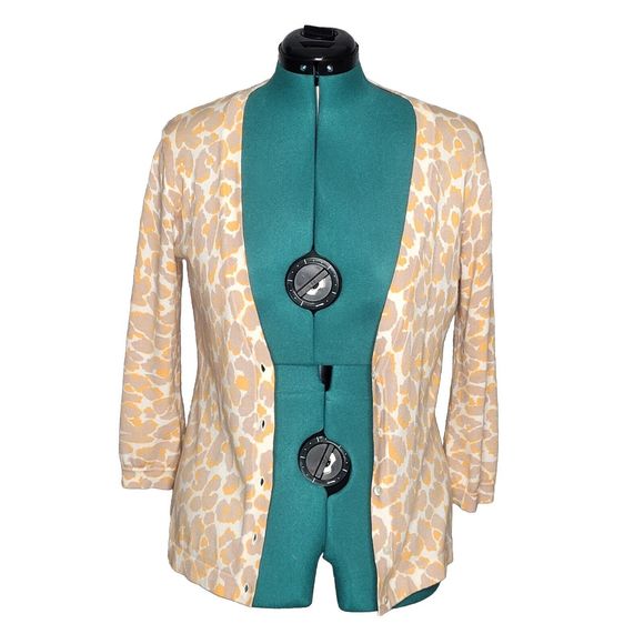Saks 5th Ave Real Clothes Orange Taupe Leopard Animal Print Cardigan Size Medium - Picture 1 of 4